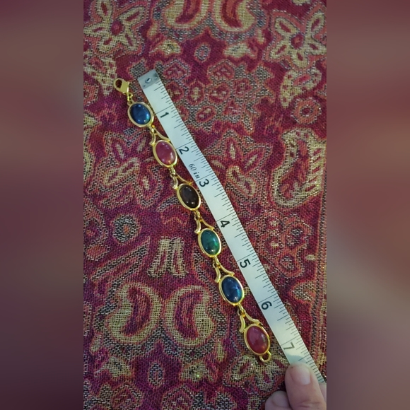 Signed LCi Gold Tone and Multicolor Glass Cabochon Bracelet 7-1/4" Liz Claiborne - Picture 2 of 4